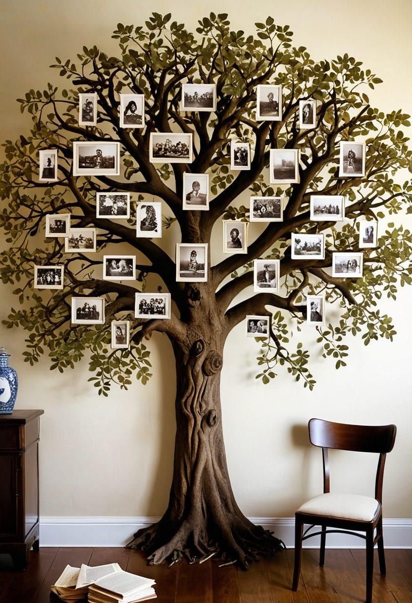 An ancient oak tree with sprawling roots and branches symbolizing a family tree, each branch adorned with framed vintage family photos. The backdrop is a peaceful countryside with soft sunlight filtering through, creating a warm, inviting atmosphere. A small table with old documents, a magnifying glass, and sepia-toned photographs is placed at the base of the tree. painting. vibrant colors. white background.