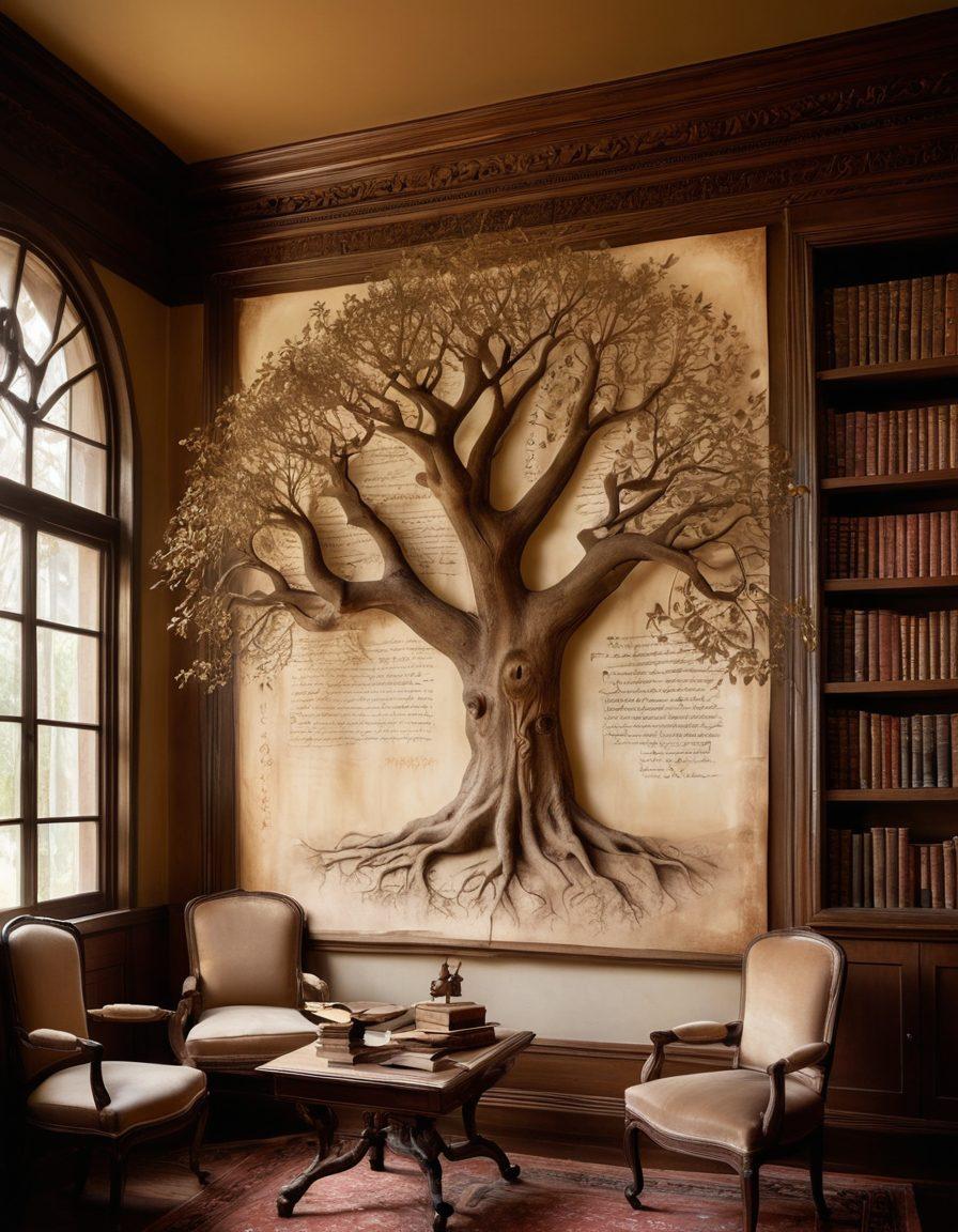 An ancient family tree unrolling from parchment, filled with intricate calligraphy and old-world seals, leading to an inviting, softly-lit library filled with historical books and artifacts. Ethereal ghosts of ancestors appear in the background, guiding viewers through the lineage. painting. sepia tones. warm lighting.