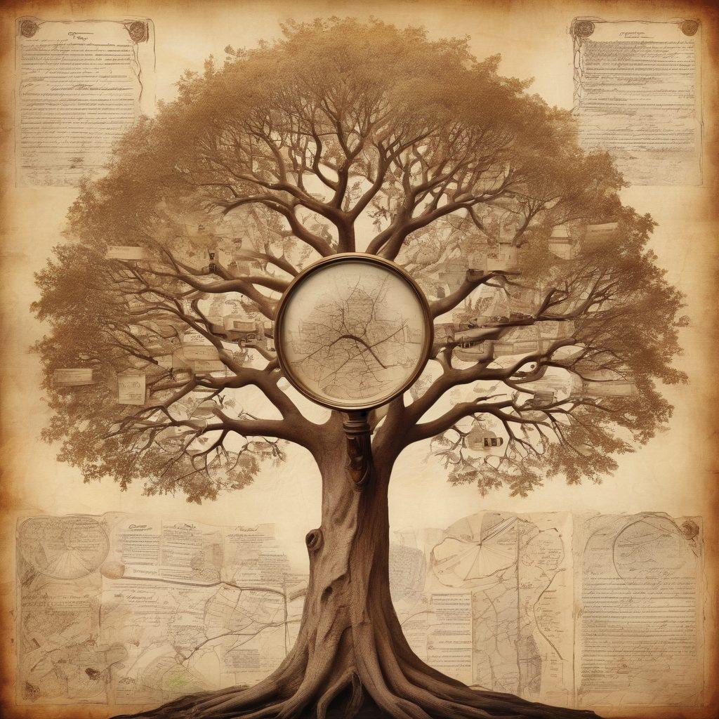 A majestic family tree with roots deep in the earth, branches sprawling across different eras, adorned with sepia-toned photographs, old documents, and ancient maps. A magnifying glass highlighting key ancestral records, and a DNA helix wrapping around the tree trunk, signifying genetic linkage. vintage illustration style. warm tones. textured background.